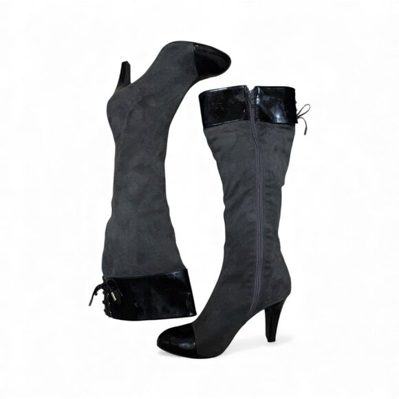BCBGirls gray faux suede knee high boots patent look trim 7.5 NWOB - Picture 3 of 5
